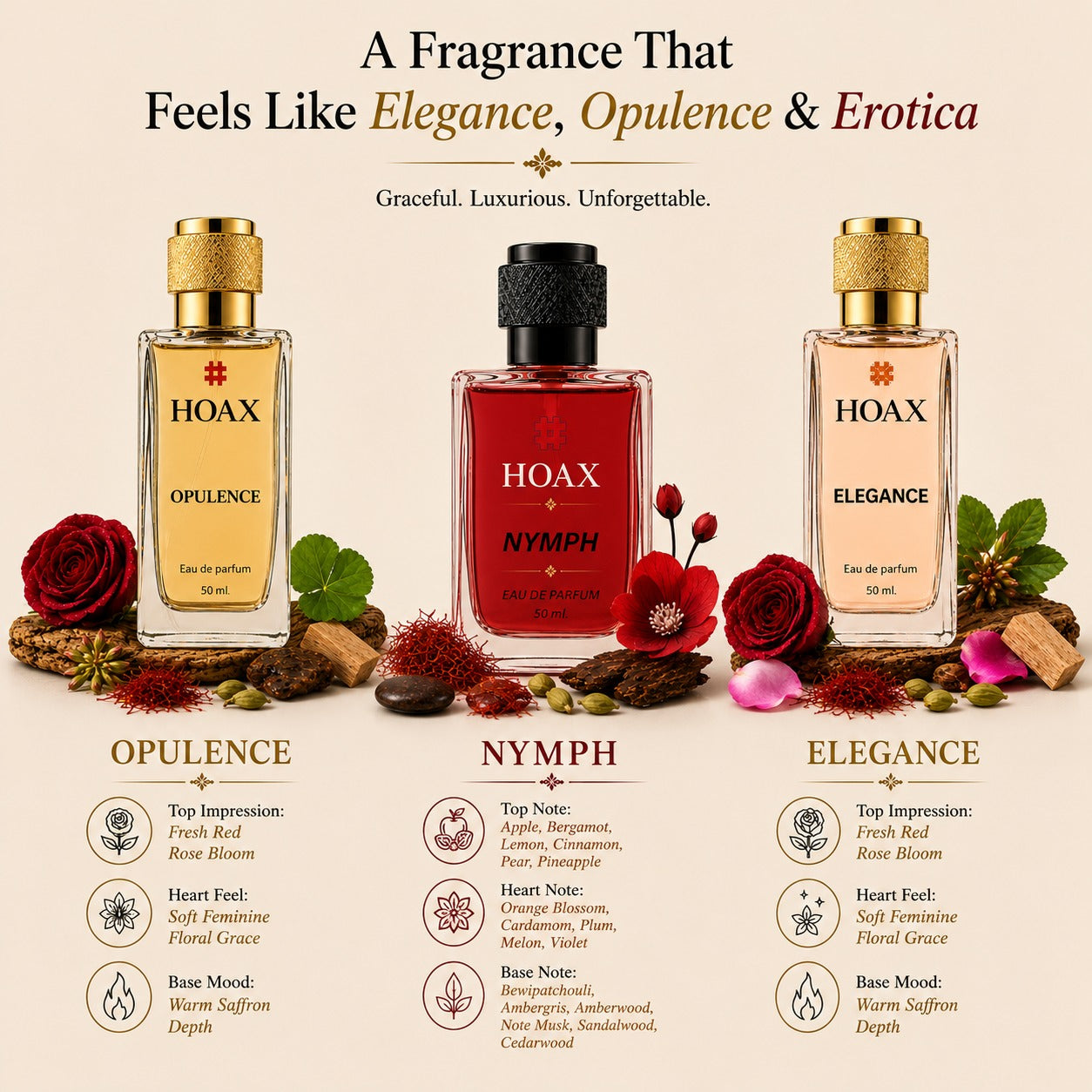 Hoax | Nymph, Opulence & Elegance | Perfume for Women | Eau De Parfum 50ml x3
