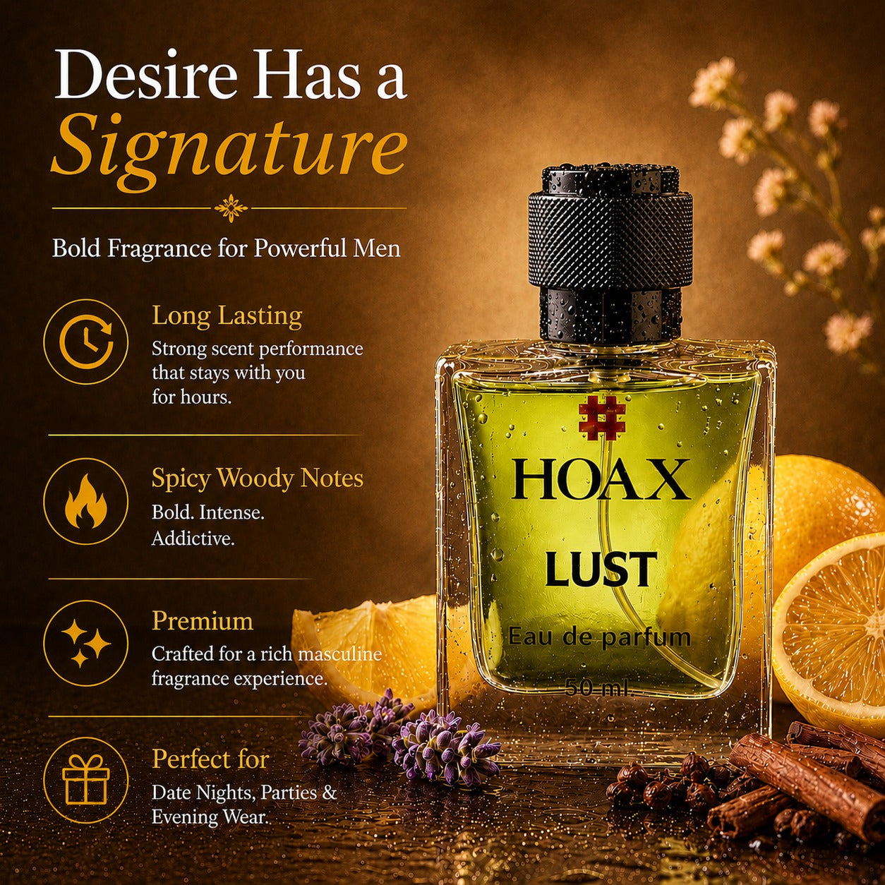 Lust - Citrus, Spicy Woody Lemon, Clove & Patchouli - Date Night & Party Wear | 50ml